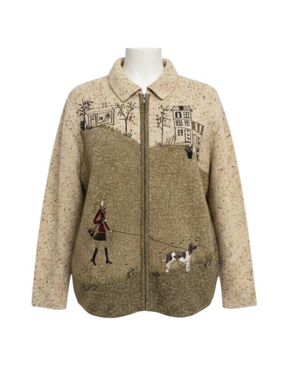 TanJay Beige Tan Zip-Front Sweater with Scenic Embroidery